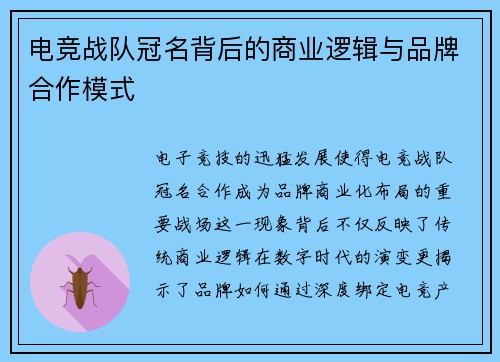 电竞战队冠名背后的商业逻辑与品牌合作模式
